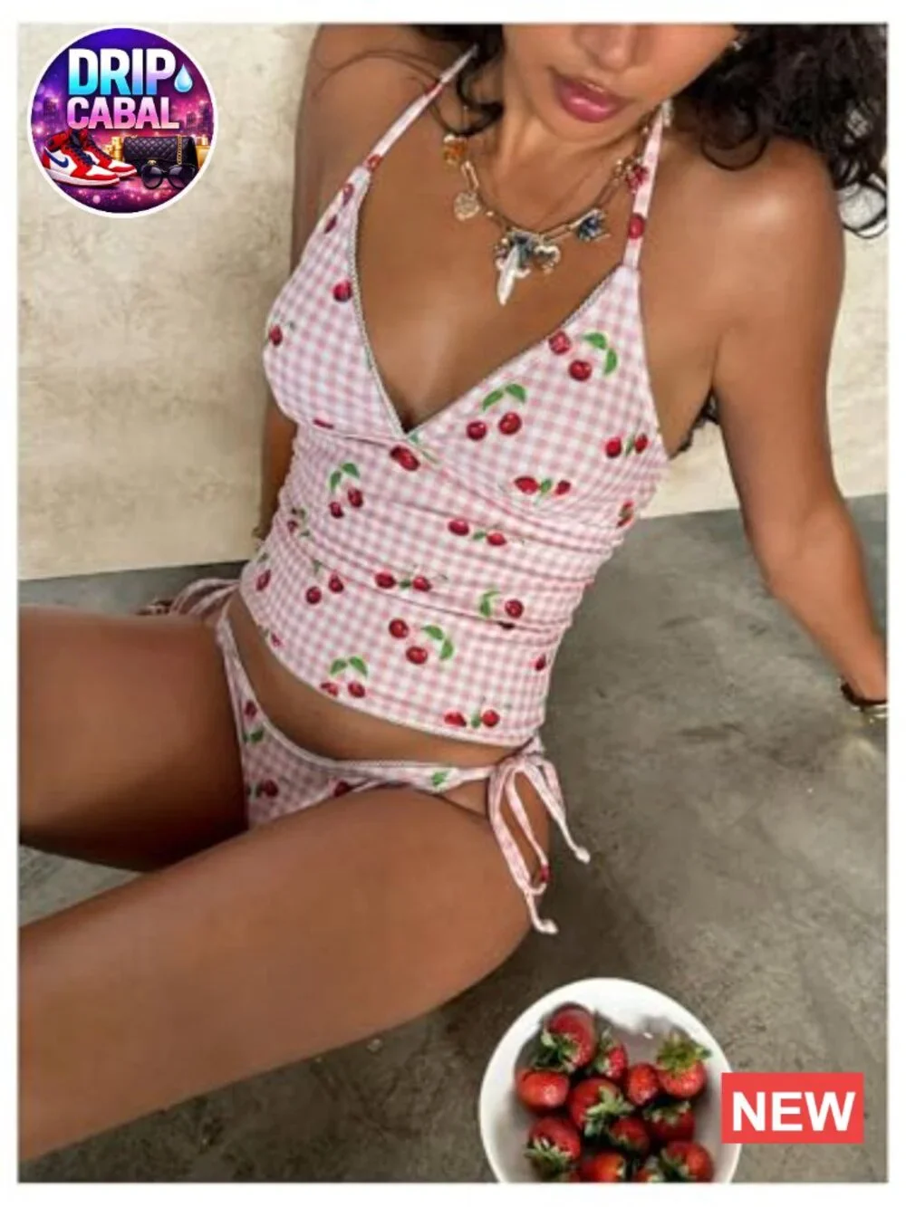 Gingham Bow Halter Neck High Waisted Tankini Swimwear Set